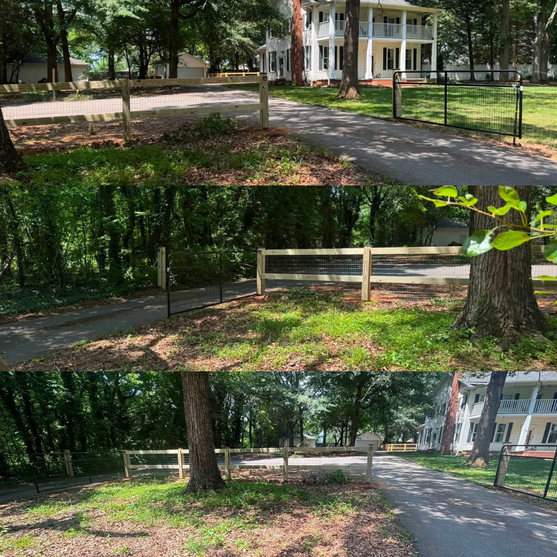 Completed wood post and rail fence with black driveway gates