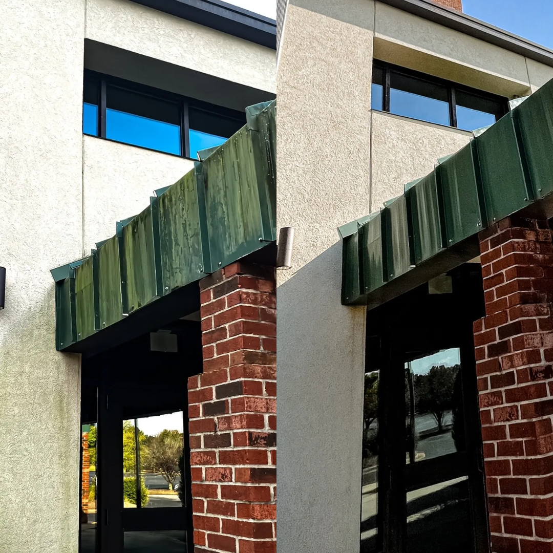 Before and after commercial brick facade and awning cleaning