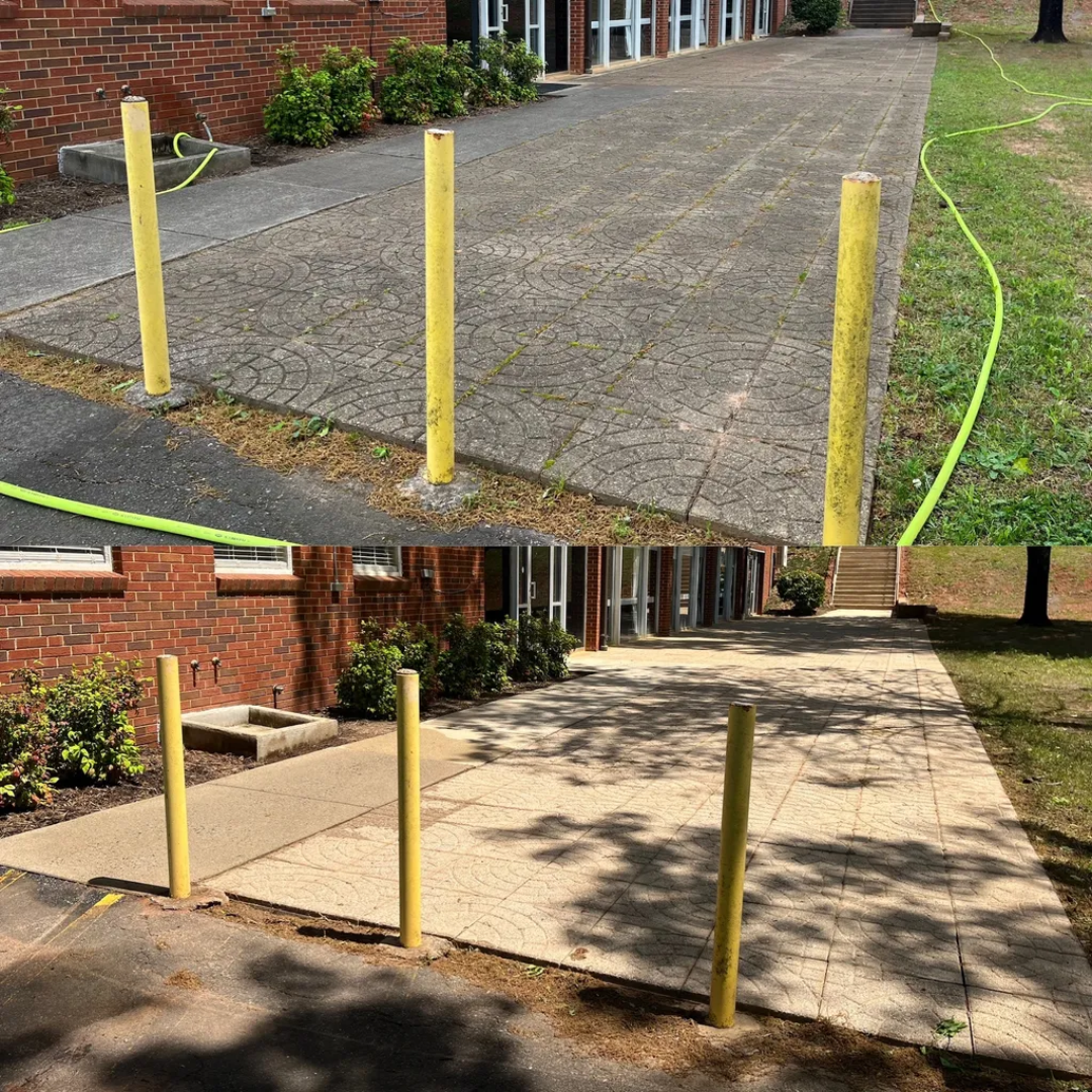 Before and after commercial building concrete walkway cleaning