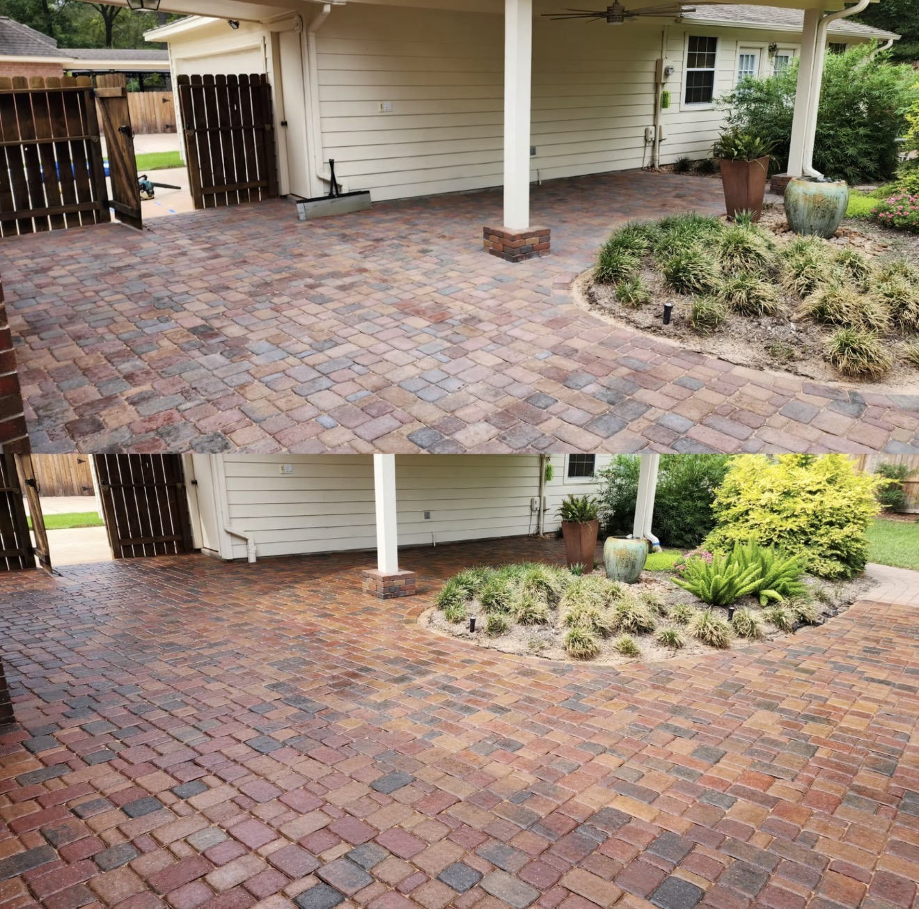 Paver patio cleaned and sealed, before and after